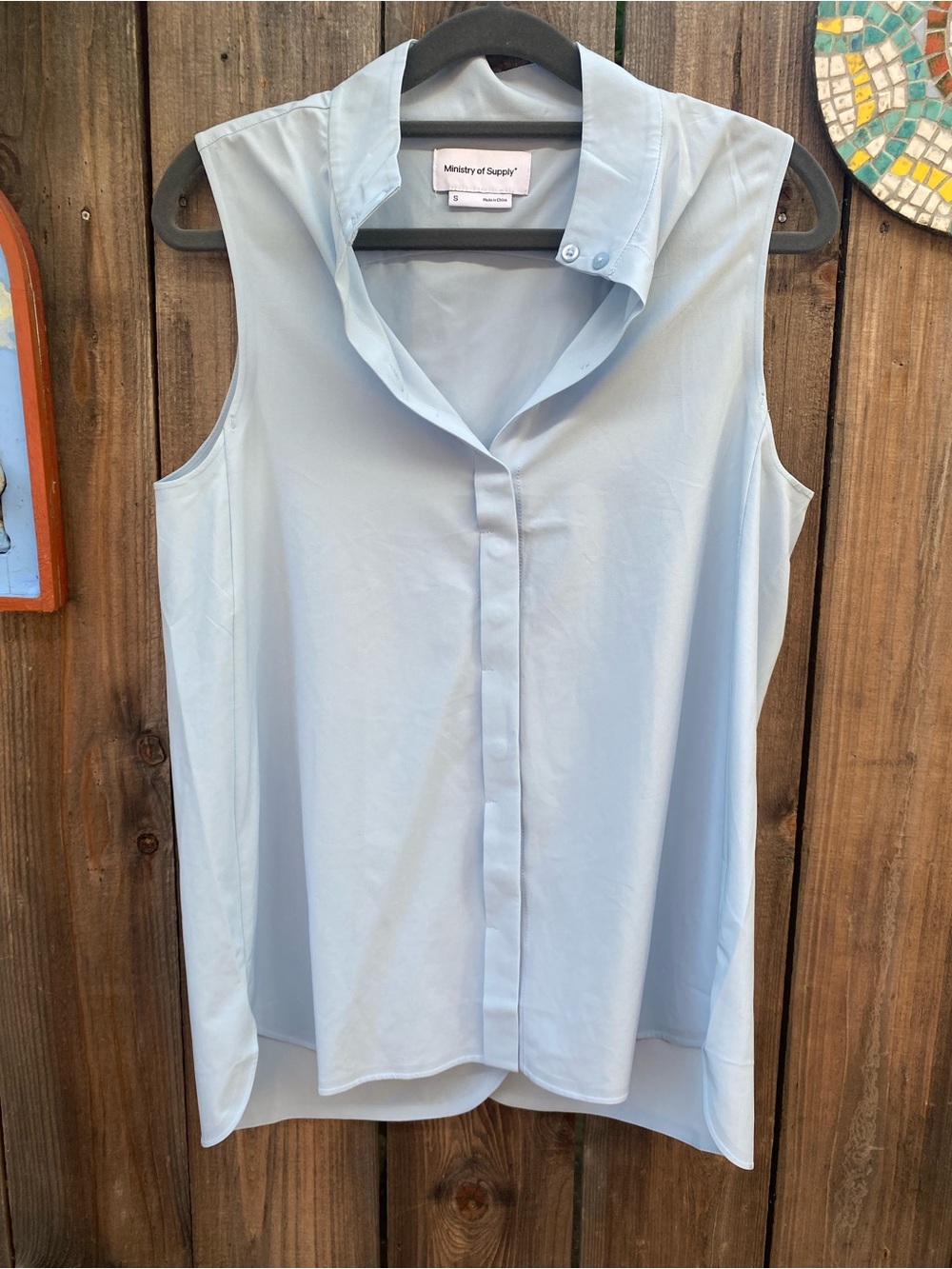 Ministry of Supply Pale Blue Sleeveless Hidden-Button Blouse